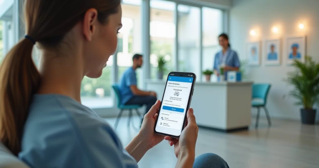 Paciente usando smartphone para agendar consulta online em clínica moderna com recepcionista ao fundo