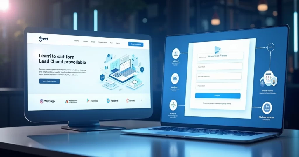 Tela dupla mostrando uma landing page otimizada versus formulário simples em site, com gráficos e ícones de integração de WhatsApp e CRM