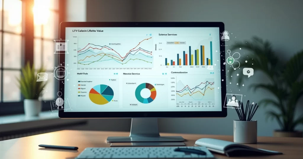 Gráfico de análise de LTV com ícones de serviços médicos, mentoria e atendimento digital em tela de computador