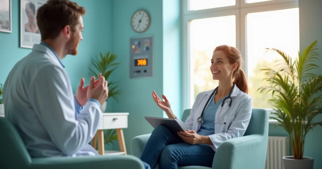 Paciente conversando com profissional de clínica em ambiente moderno e acolhedor durante atendimento