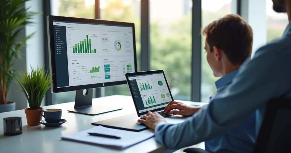 Profissional analisando gráficos de vendas e cálculos financeiros em notebook com ambiente de escritório moderno ao fundo