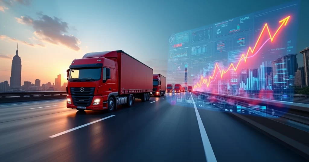 Campanha digital para empresas de logística com gráficos de crescimento e caminhões entregando cargas