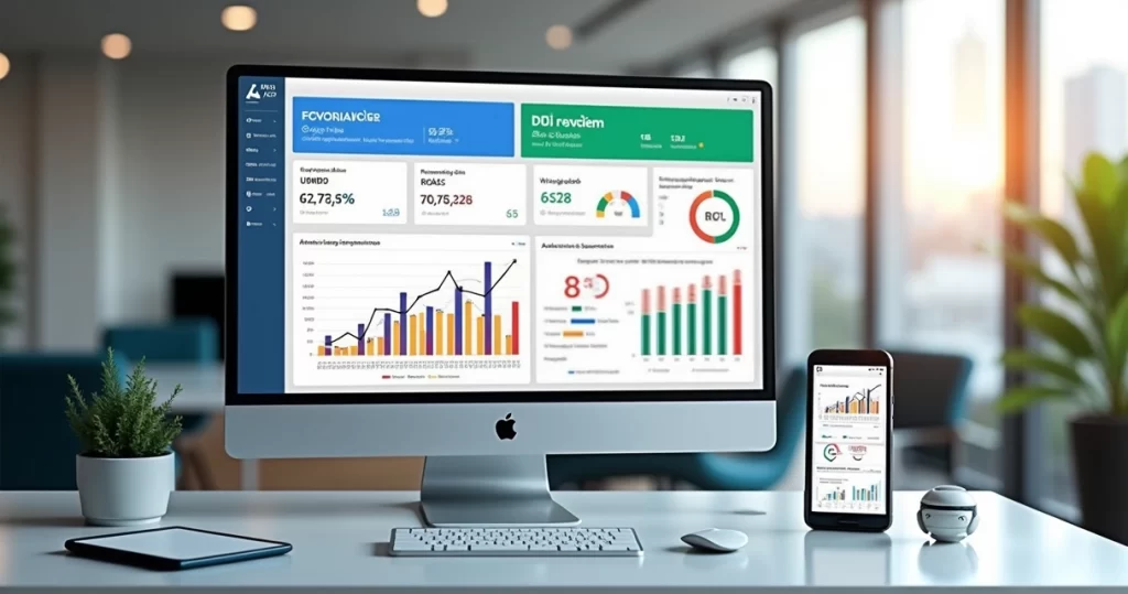 Tela de computador exibindo painel de anúncios do Google e Meta com gráficos de desempenho e segmentação avançada
