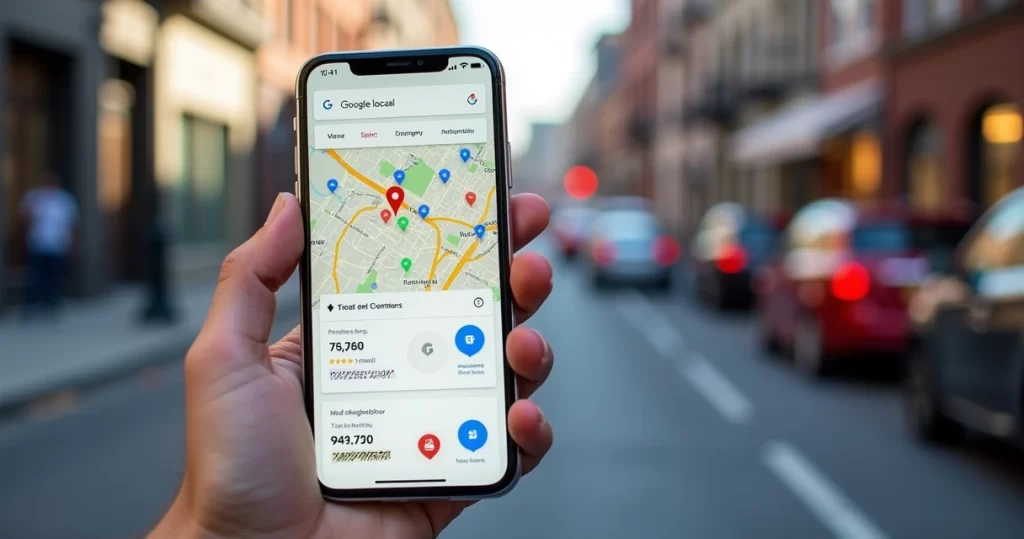 Tela de celular com mapa local do Google de um serviço próximo e anúncios digitais segmentados na tela ao lado