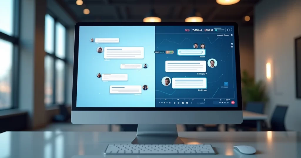 Computador mostrando tela dividida com chatbot genérico e IA especializada em atendimento digital