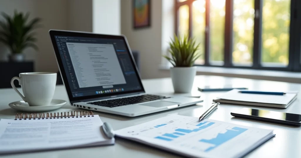 Mesa de trabalho moderna com laptop aberto, cadernos, caneta, gráficos de vendas e anotações de copywriting