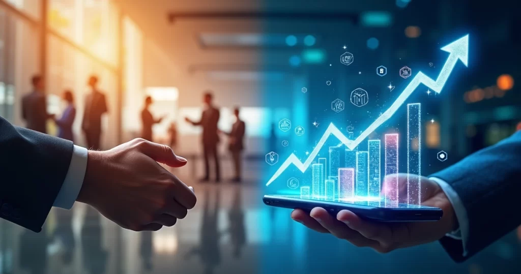 Representação visual comparando crescimento por indicações e marketing digital com gráficos e símbolos de escala