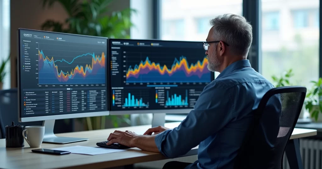 Empresário analisando gráficos e métricas em telas de computador no escritório moderno