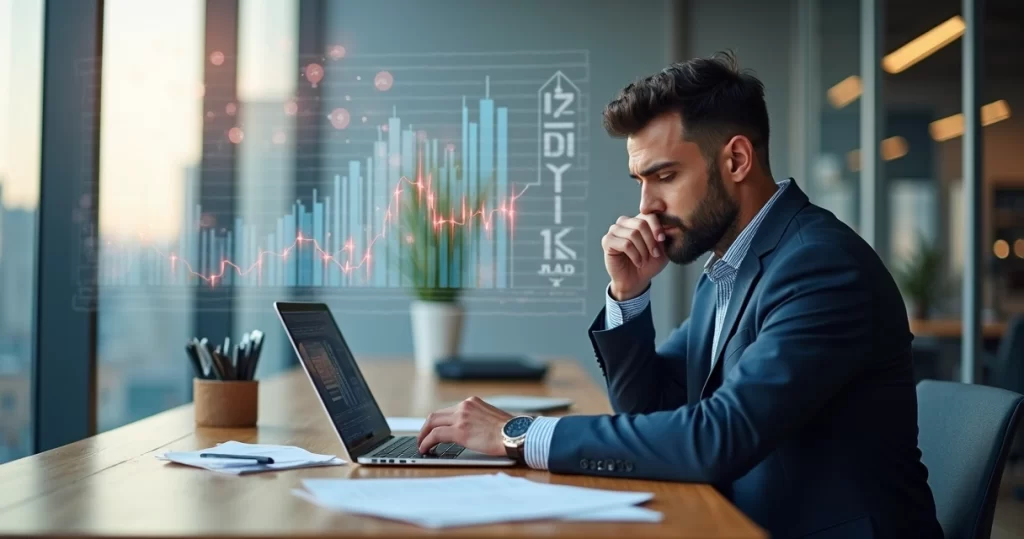 Empresário sentado à mesa refletindo sobre dificuldades para gerar leads com gráficos e anotações ao redor