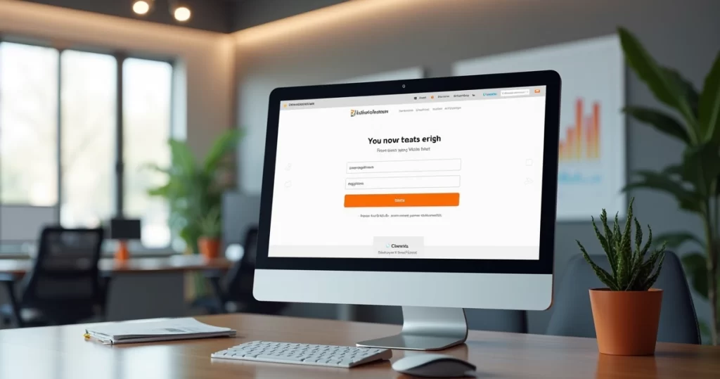 Tela de computador mostrando landing page com formulário simples, título claro e botão de CTA destacado em design moderno e responsivo