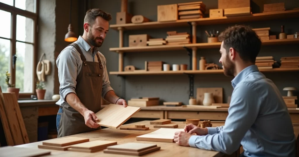 Oficina de marcenaria com profissional apresentando amostras de madeira e portfólio para cliente atento