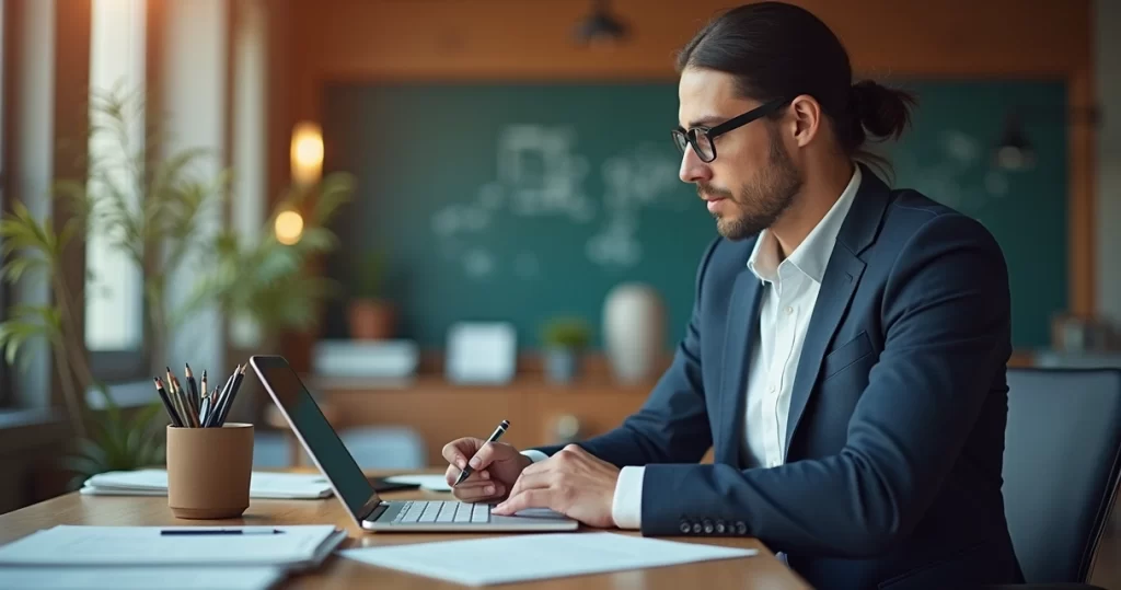 Marcenaria local com profissional usando tablet para planejar marketing digital no escritório da oficina