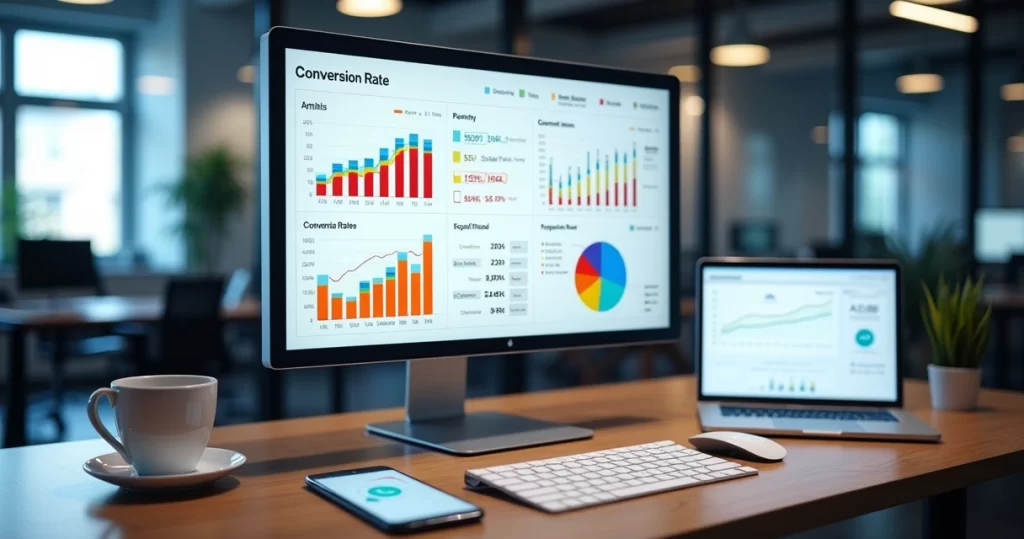 Monitor mostrando gráficos de conversão e análise de dados em ambiente de escritório moderno