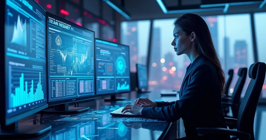 Interface futurista de agente de IA operando automação empresarial com gráficos e dados digitais ao fundo