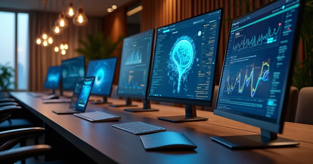 Mesa moderna com múltiplos dispositivos digitais exibindo gráficos, código e interfaces de inteligência artificial, ambiente corporativo luxuoso e iluminado com luzes suaves