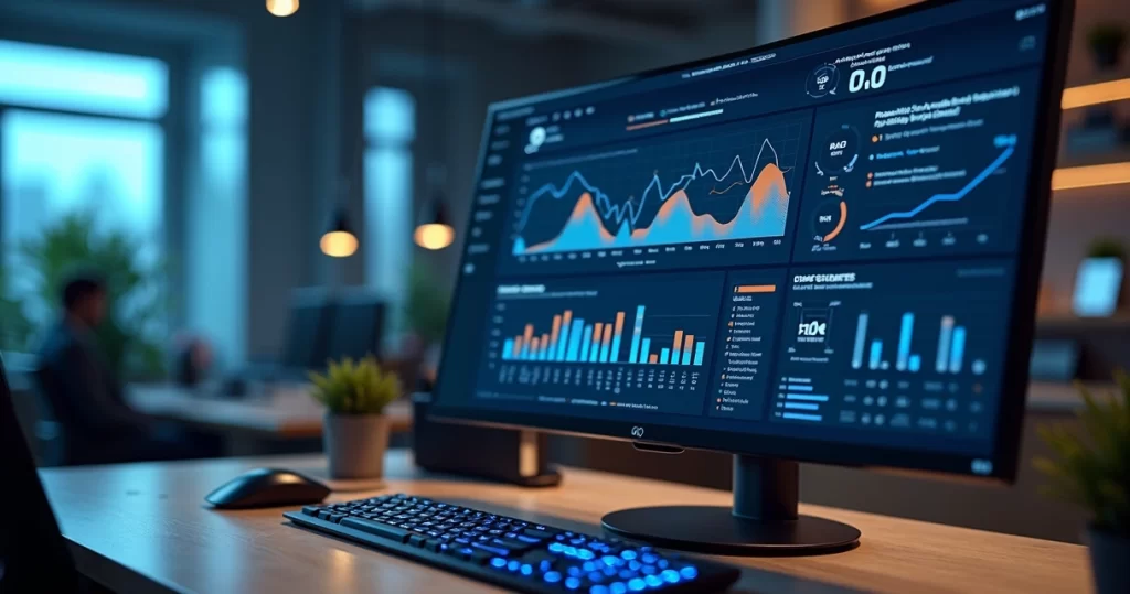 Tela de computador mostrando dashboard de CRM com gráficos de vendas em tempo real e agentes de IA automatizando fluxos
