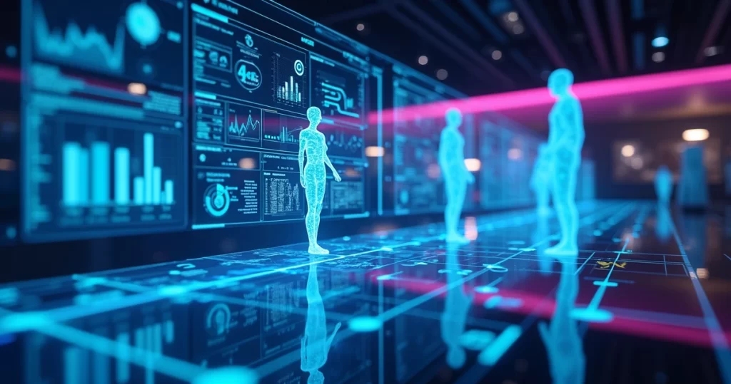 Interface futurista com representações digitais de agentes de inteligência artificial interagindo com gráficos e dados em um ambiente sofisticado