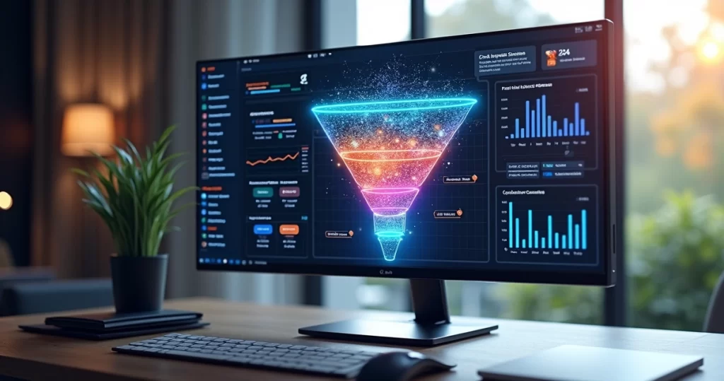 Interface moderna exibindo funil de vendas digital com gráficos, chatbots e dados integrados em alta resolução