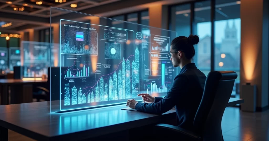 Dashboard digital moderno mostrando gráficos de vendas e automação com inteligência artificial no escritório