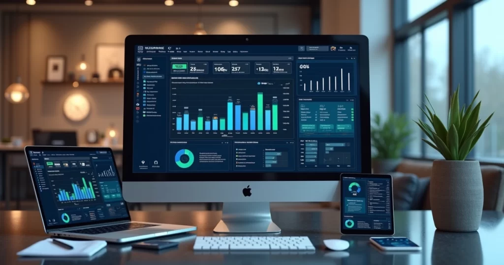 Interface elegante mostrando dashboard com automação, CRM e inteligência artificial integrados para vendas escaláveis