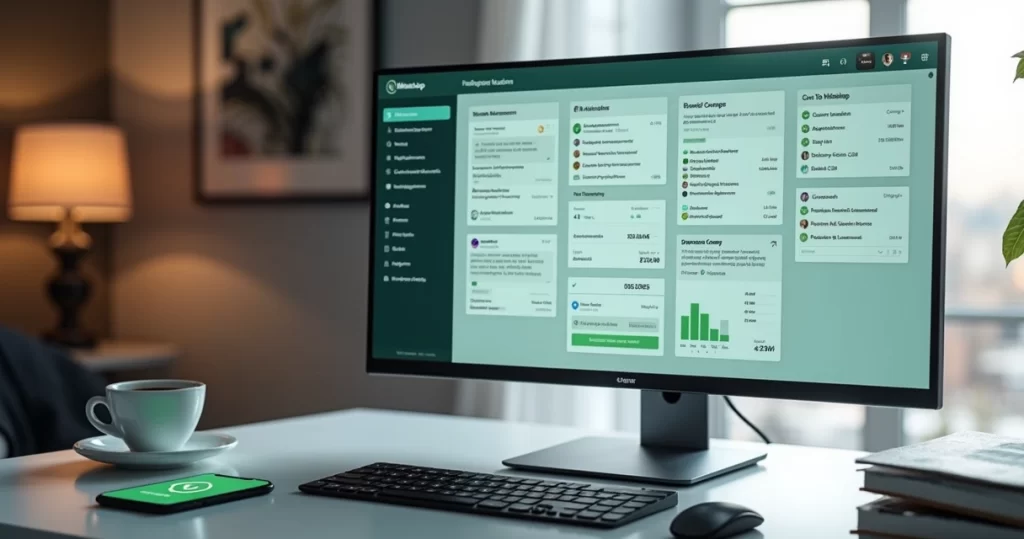 Computador moderno exibindo painel de automação integrando WhatsApp, CRM e e-mail para atendimento 24 horas em negócio local