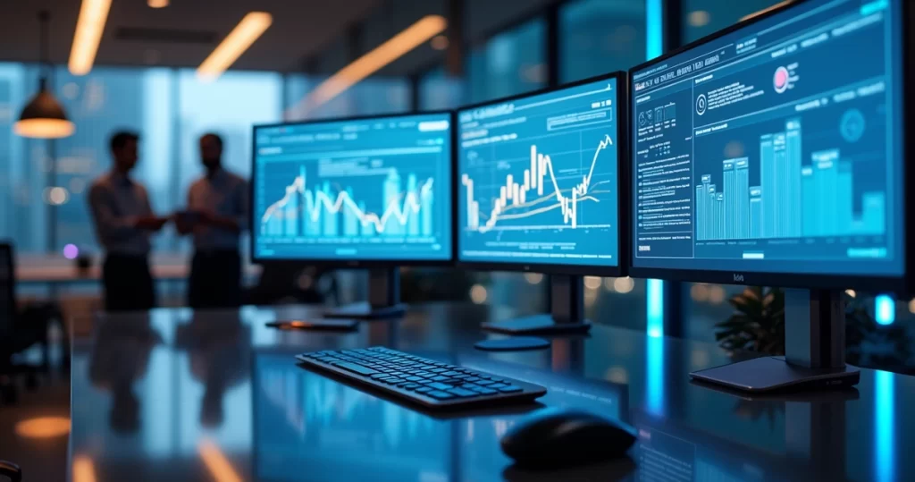 Ambiente moderno de escritório com múltiplas telas exibindo gráficos de dados e fluxos automatizados em alta resolução