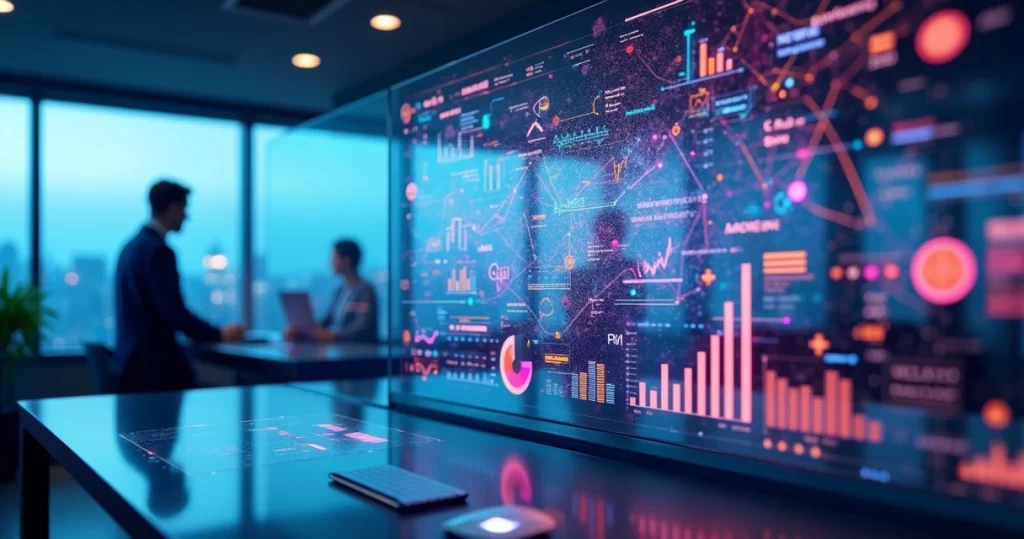 Interface futurista com painel digital exibindo dados de vendas, gráficos e fluxo de automação de inteligência artificial