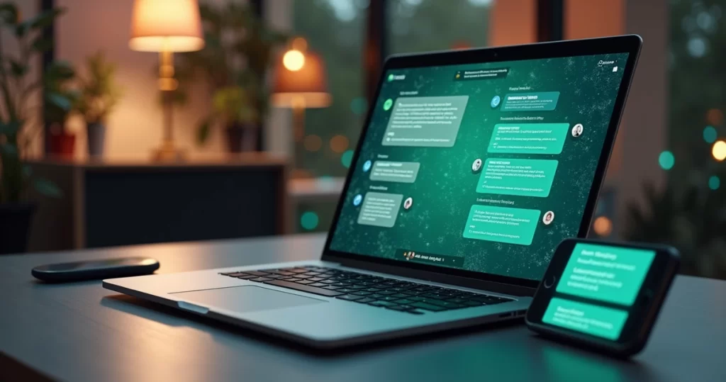 Computador e smartphone exibindo tela de chatbot integrado com CRM para automação de WhatsApp em ambiente moderno e tecnológico