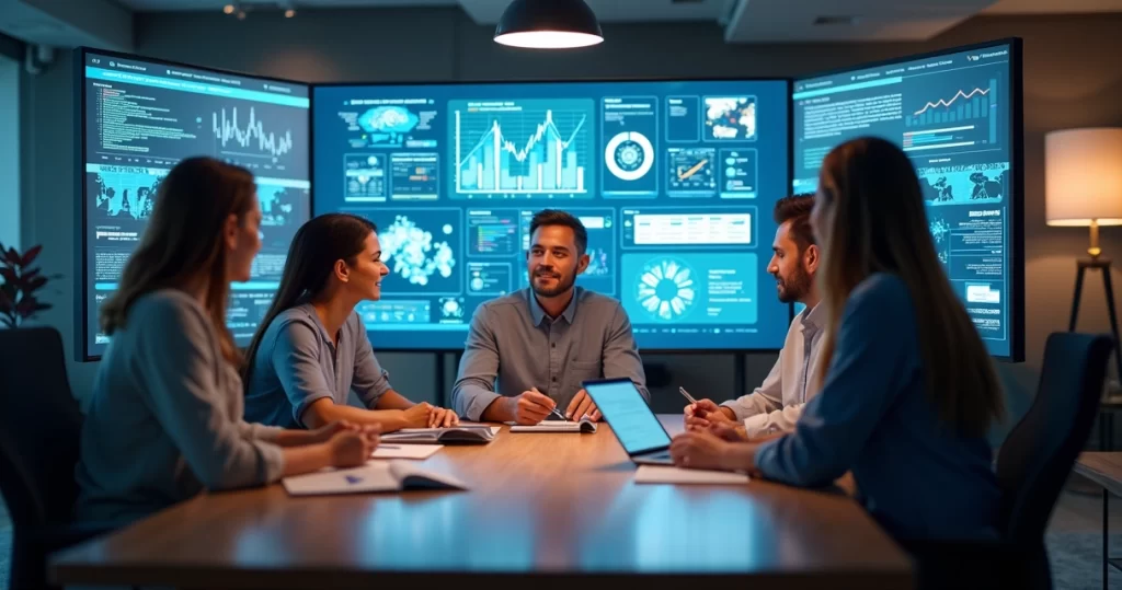 Equipe de negócios reunida em escritório moderno com múltiplas telas mostrando gráficos digitais e automação