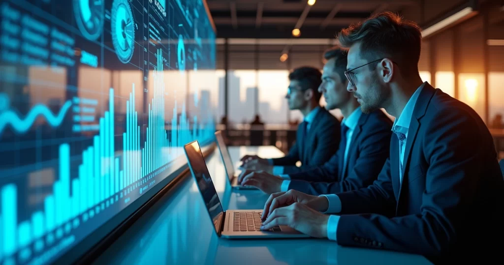 Equipe corporativa analisando gráficos de performance em telas digitais modernas